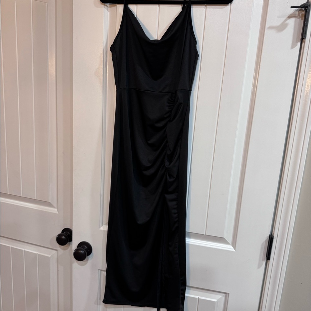 Classic Black Cowl Neck Midi Satin Dress